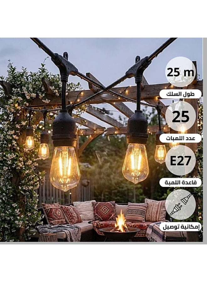 عقود لمبات انارة بلمسة فنية وفاخرة للمناسبات طول 25 متر اسود 1 لمبة لكل متر 25 لمبة قاعدة E27 المطور (إمكانية توصيل عدة عقود ببعضها) - Image 1